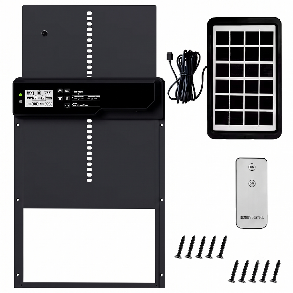 Morning Cluck Essential kit contents: coop door unit, solar panel, remote control, and mounting screws
