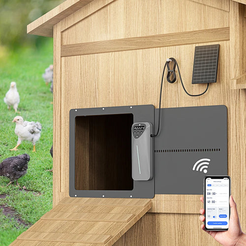 Solar panel and remote control included with automatic coop door