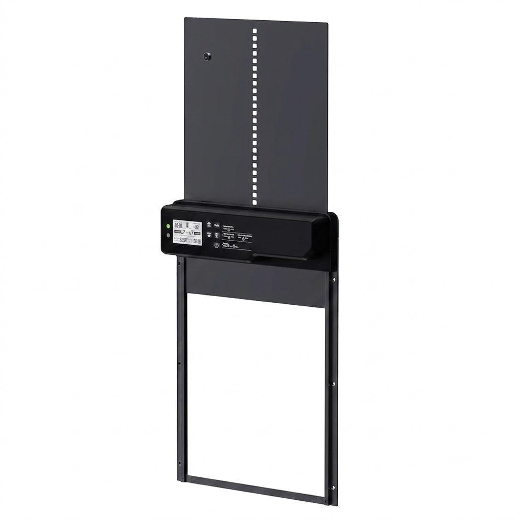 Morning Cluck Essential coop door frame with control panel, product view on white background