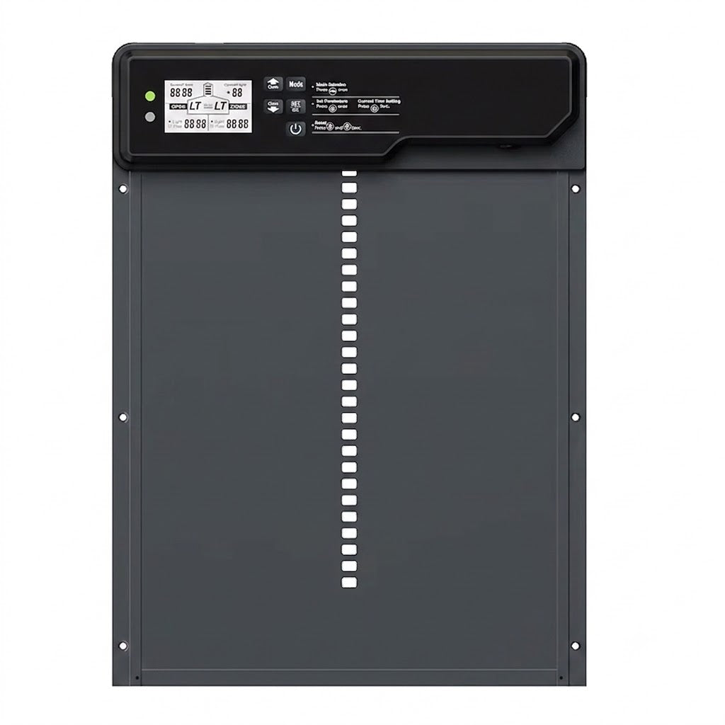 Morning Cluck Essential coop door unit, front view with control housing and LCD display
