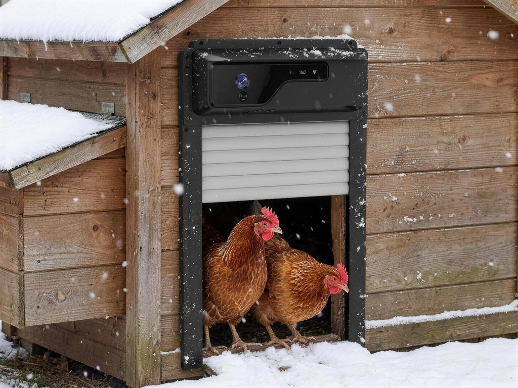 Vision coop door open in winter snow with hens