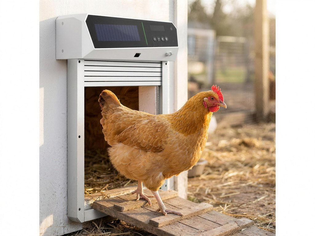 Hen stepping through open Roll-Shutter Pro doorway