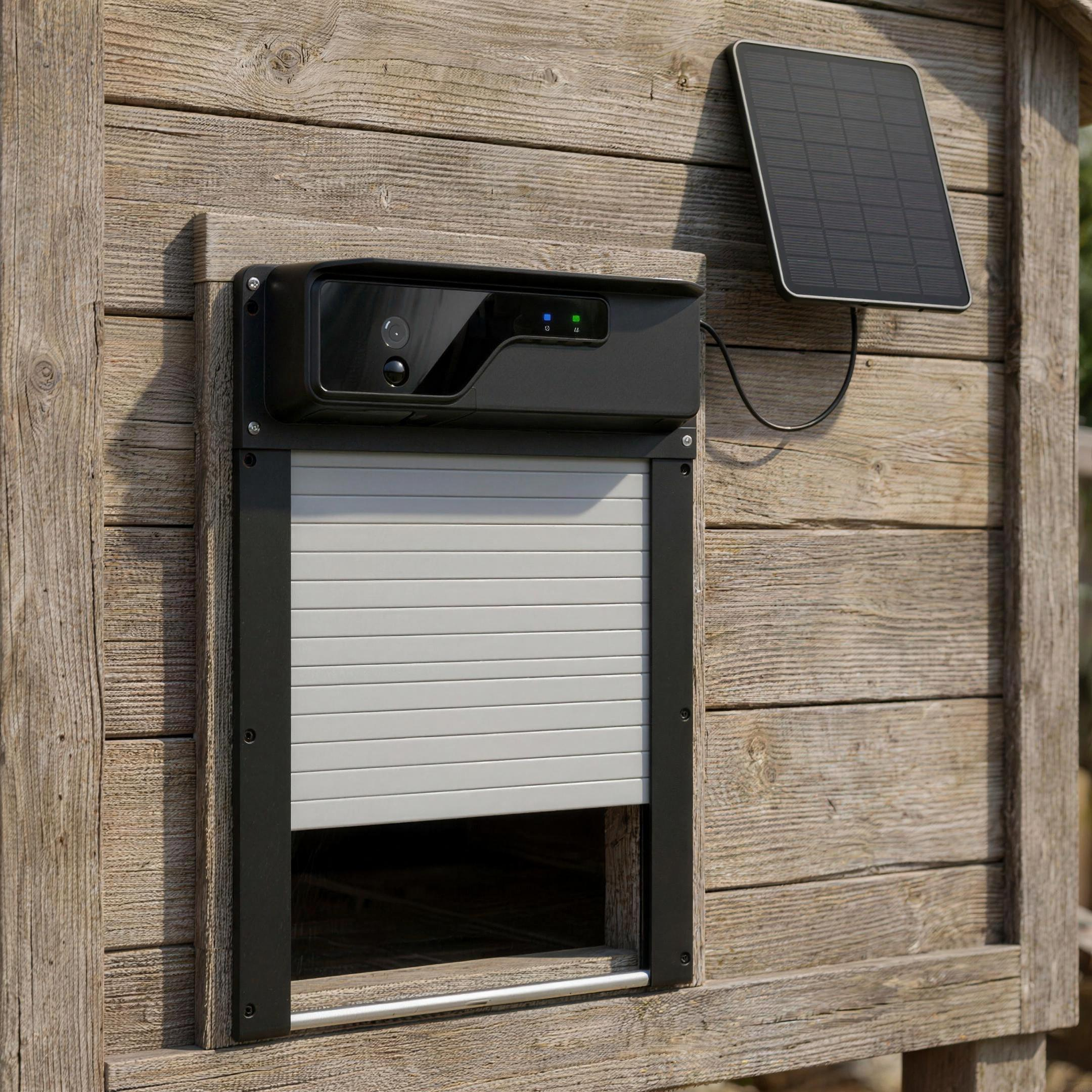 Morning Cluck Vision door straight-on with camera module and separate solar panel