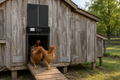 A rustic wooden chicken coop with a black automatic hatch door, with three brown chickens standing on the wooden ramp outside. The background shows a grassy field and trees.