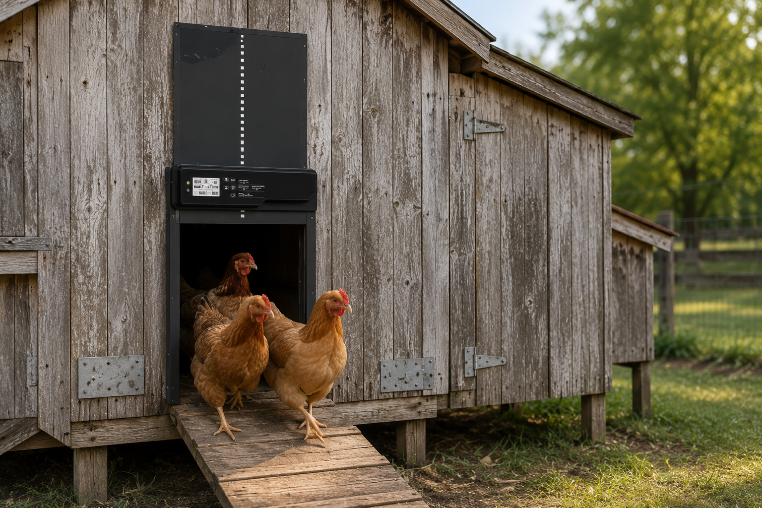 A rustic wooden chicken coop with a black automatic hatch door, with three brown chickens standing on the wooden ramp outside. The background shows a grassy field and trees.