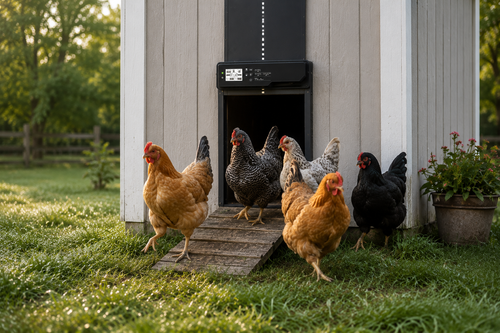 Chickens on a wooden ramp in front of a white coop with the Morning Cluck Essential automatic door