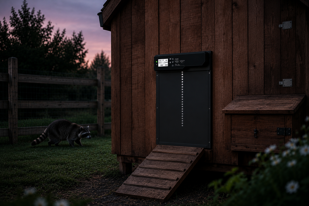 Morning Cluck Essential coop door closed at dusk with a raccoon kept outside on the grass
