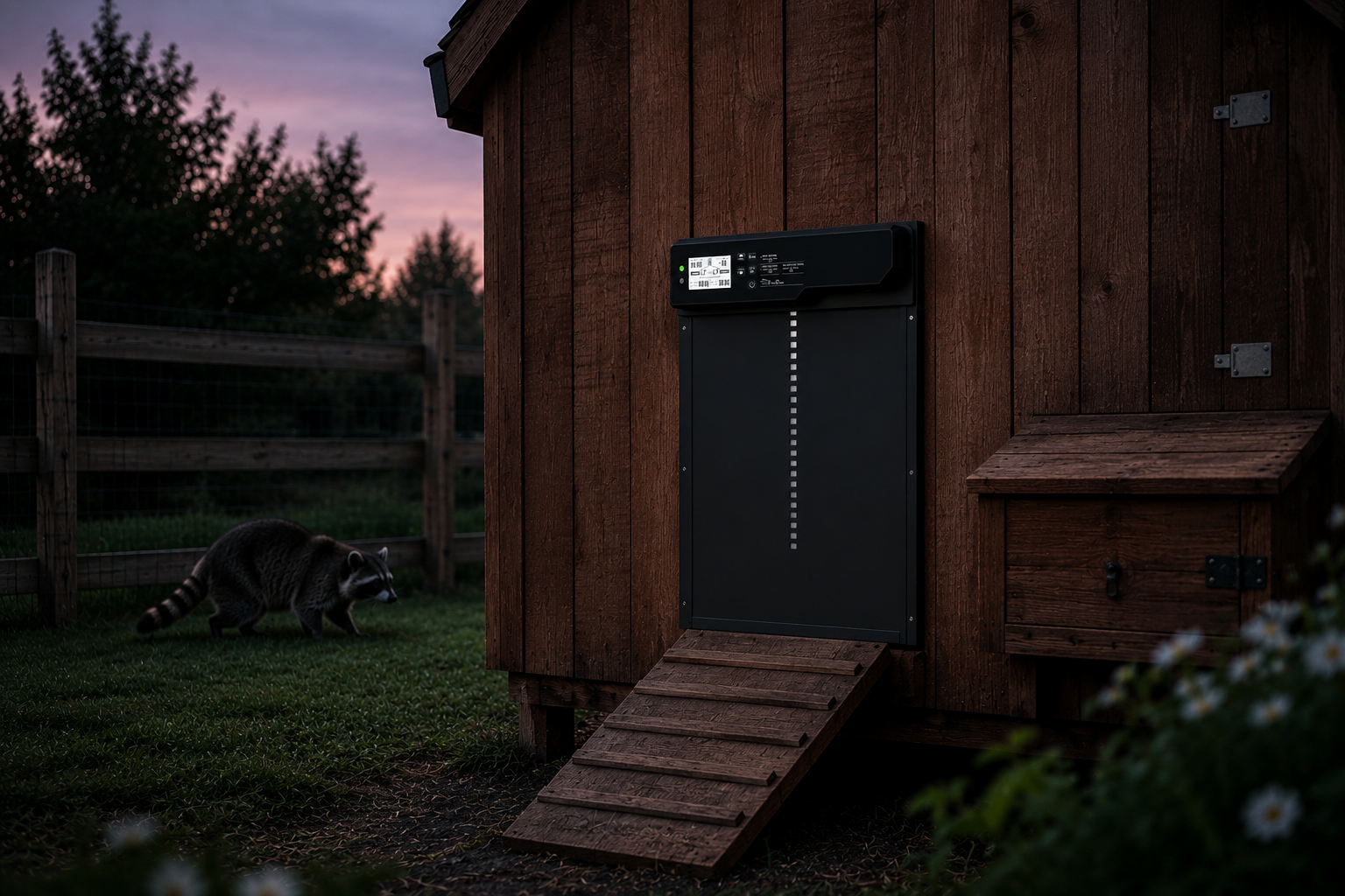 Morning Cluck Essential coop door closed at dusk with a raccoon kept outside on the grass
